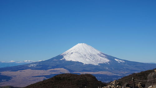 View of volcanic landscape against blue sky