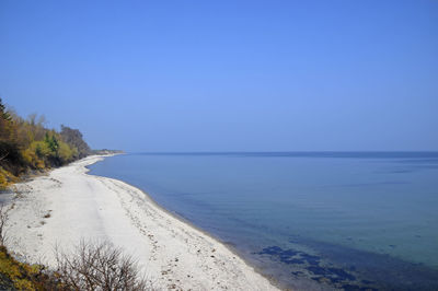 Scenic view of sea against clear blue sky
