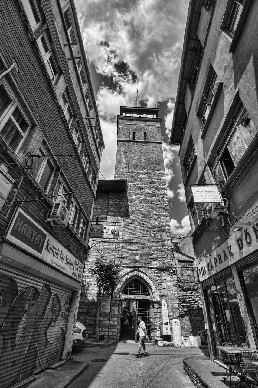 LOW ANGLE VIEW OF PEOPLE WALKING ON STREET AMIDST BUILDINGS AGAINST SKY