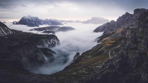 Scenic view of mountains against sky during winter