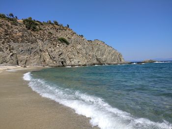 Scenic view of rocky beach against clear blue sky