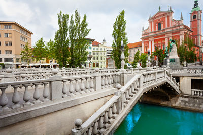 Bridge over river by buildings in city against sky