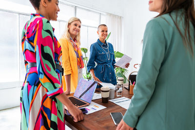 Rear view of business colleagues working in office