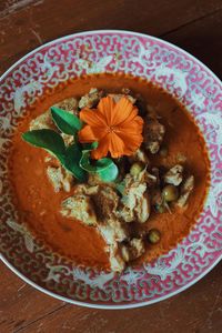 High angle view of food in plate on table