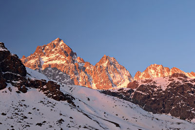 Scenic view of snowcapped mountains against clear sky