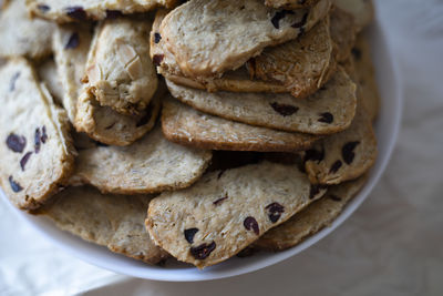 High angle view of cookies in plate on table