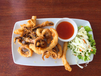 High angle view of food in plate on table