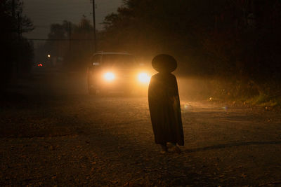 Rear view of woman walking on road