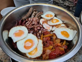 High angle view of breakfast served on table