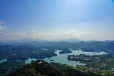 High angle view of bay against sky