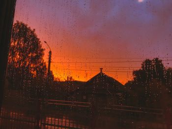 Silhouette trees against sky seen through wet glass window