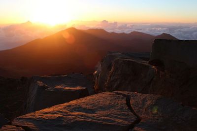 Scenic view of mountains during sunset