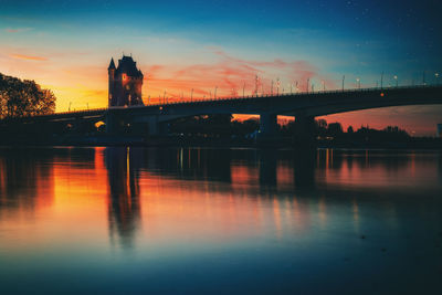 Silhouette bridge over river against sky during sunset