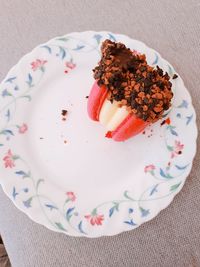 High angle view of cake in plate on table