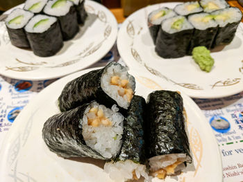 Close-up of sushi served in plate on table