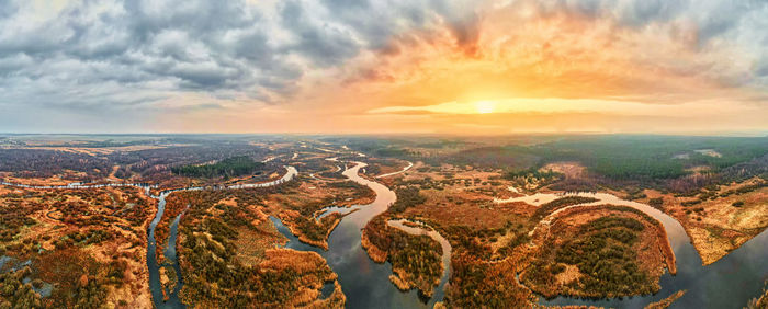 Sunrise over river in walley, aerial view. nature landscape. panorama
