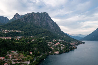 Scenic view of sea and mountains against sky