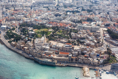 High angle view of city at seaside