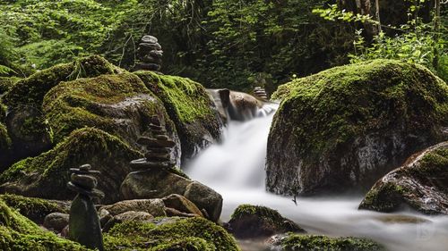 Scenic view of waterfall and stonebalance in forest