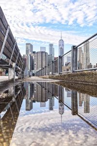 Reflection of buildings in puddle