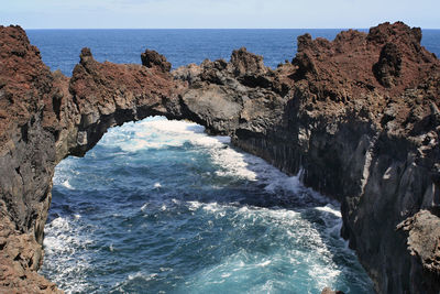 Scenic view of rocks in sea against sky