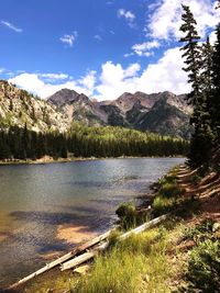 Scenic view of lake and mountains against sky