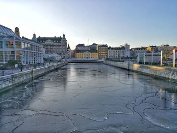 River by cityscape against sky