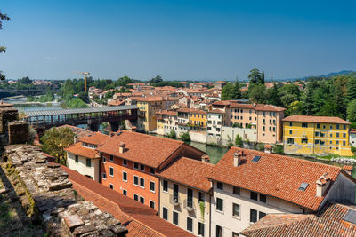 Townscape against clear blue sky