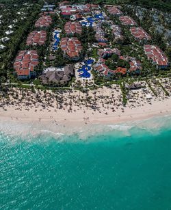 High angle view of sea by swimming pool in city