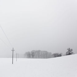 Trees on snow covered field against sky
