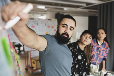 Businessman showing notes on whiteboard to female colleagues in board room