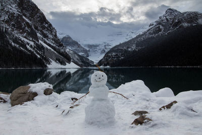 Scenic view of lake by snowcapped mountains against sky