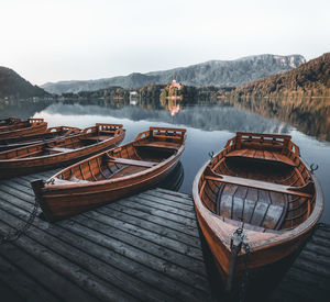 Panoramic view of boats moored in lake against sky