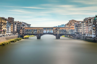 Arch bridge over canal amidst buildings in city against sky