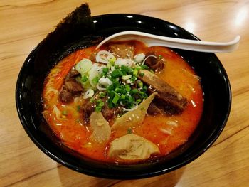 High angle view of soup in bowl on table