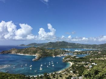 High angle view of bay against sky