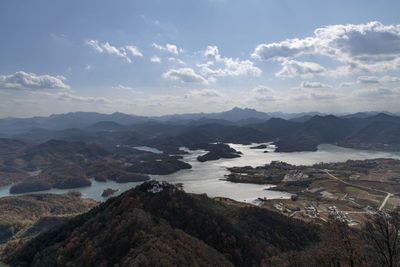 Scenic view of sea and mountains against sky