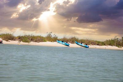 Kayaks lined up on the beach off of new pass in bonita springs, florida