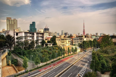 High angle view of street amidst buildings in city