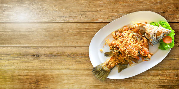 High angle view of food served on table