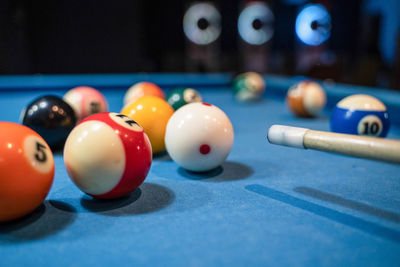 Close-up of pool balls on table