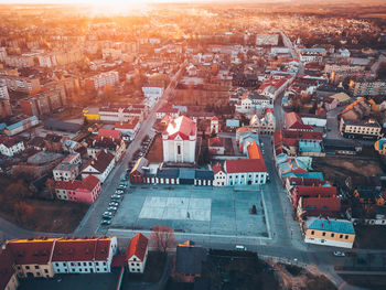 High angle view of city street and buildings