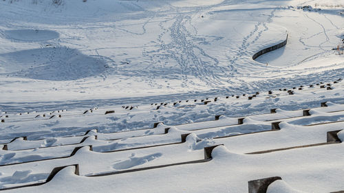 High angle view of snow covered land