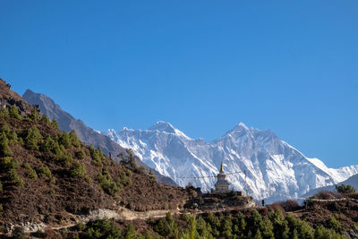 Scenic view of snowcapped mountains against clear blue sky