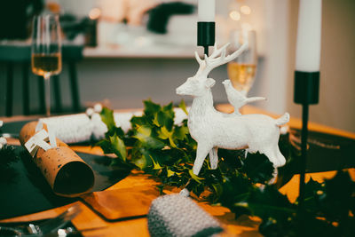 Close-up of christmas table decorations
