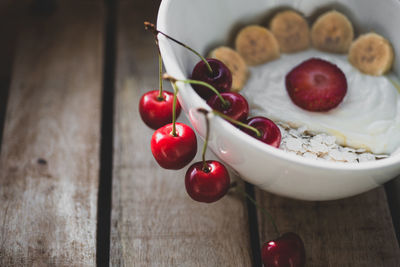 High angle view of fruits in bowl on table