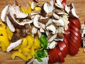 High angle view of chopped mushrooms on table