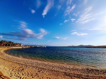 Scenic view of beach against blue sky