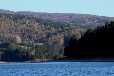 Scenic view of lake and mountains against clear sky