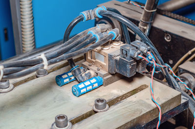 Many cables are interconnected. electrical cables and wires connected to production equipment